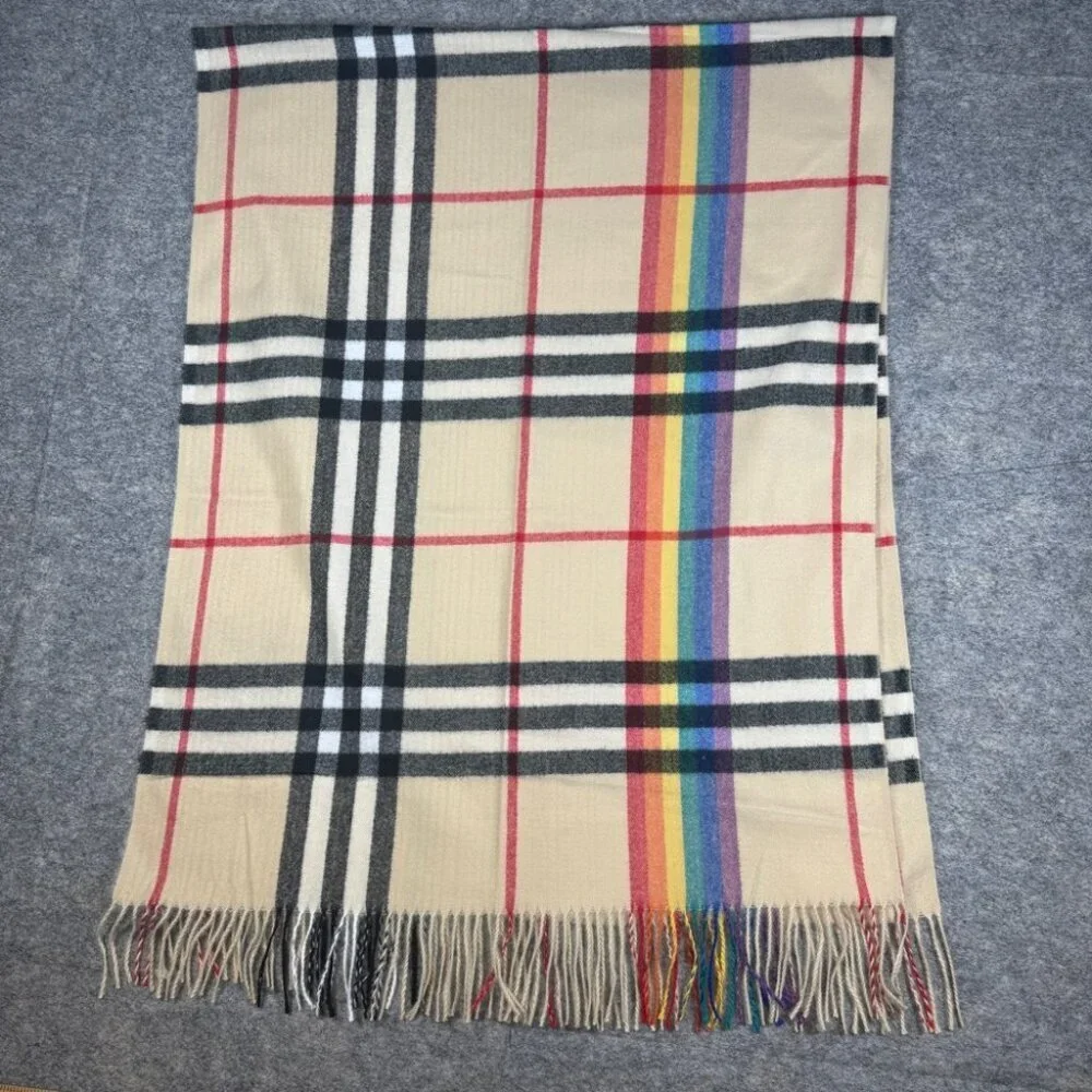 Pashmina 100% Cashmere Cream Plaid Rainbow Scarf One Size Fall Winter Cozy Chic